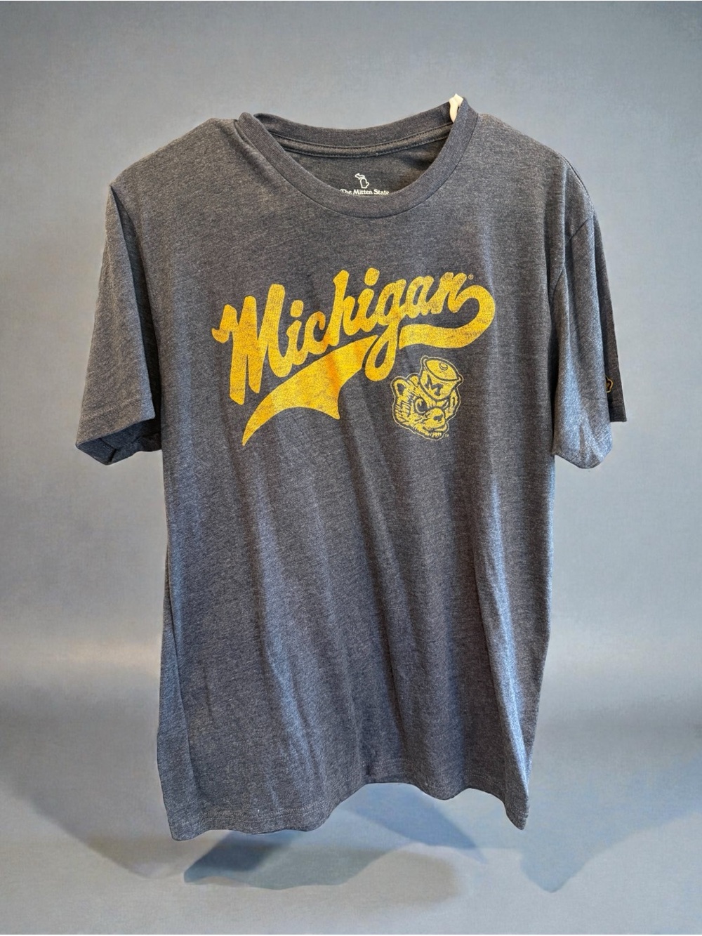 Michigan Vintage-Style Graphic Tee in Gray with Yellow Logo